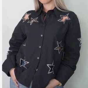 Black Star Cutouts Embellished Button-Up Shirt